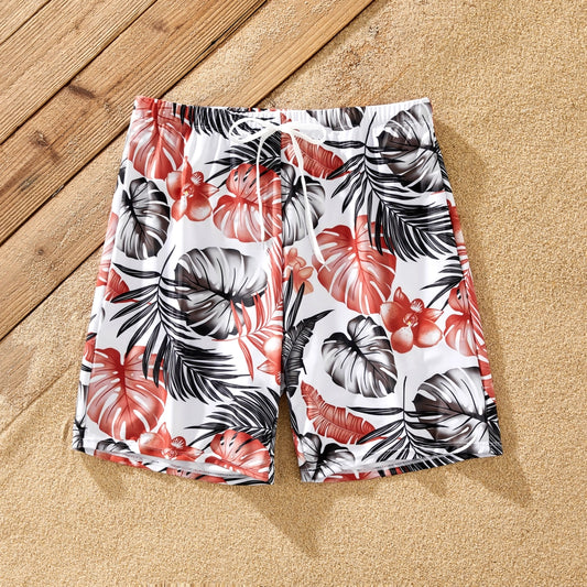 Orange-red floral swim trunks